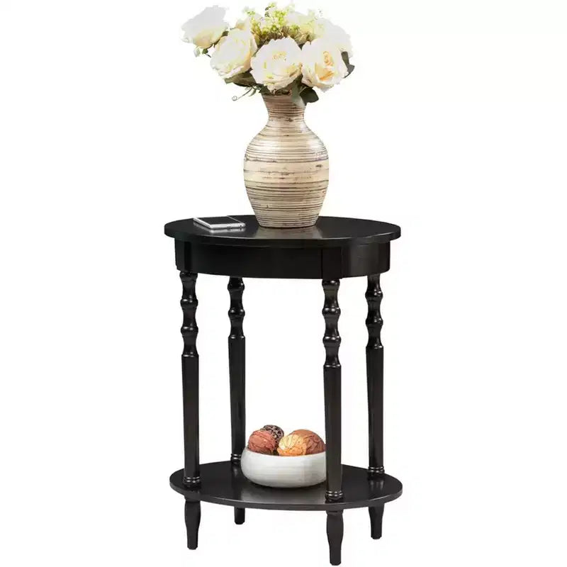 Table d'appoint ovale en bois massif avec étagère inférieure, pieds tournés, noir, 61 cm (H) x 51 cm (l)