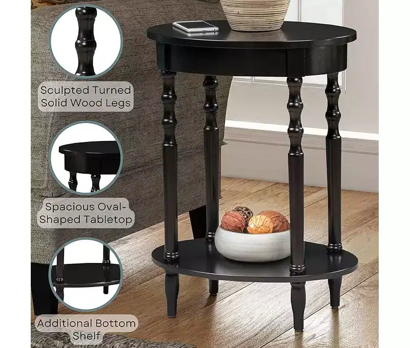 Oval Solid Wood End Table with Bottom Shelf, Spindle Legs, Black, 24H x 20W