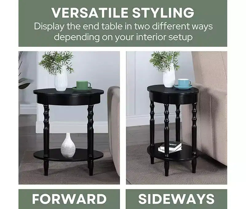 Table d'appoint ovale en bois massif avec étagère inférieure, pieds tournés, noir, 61 cm (H) x 51 cm (l)