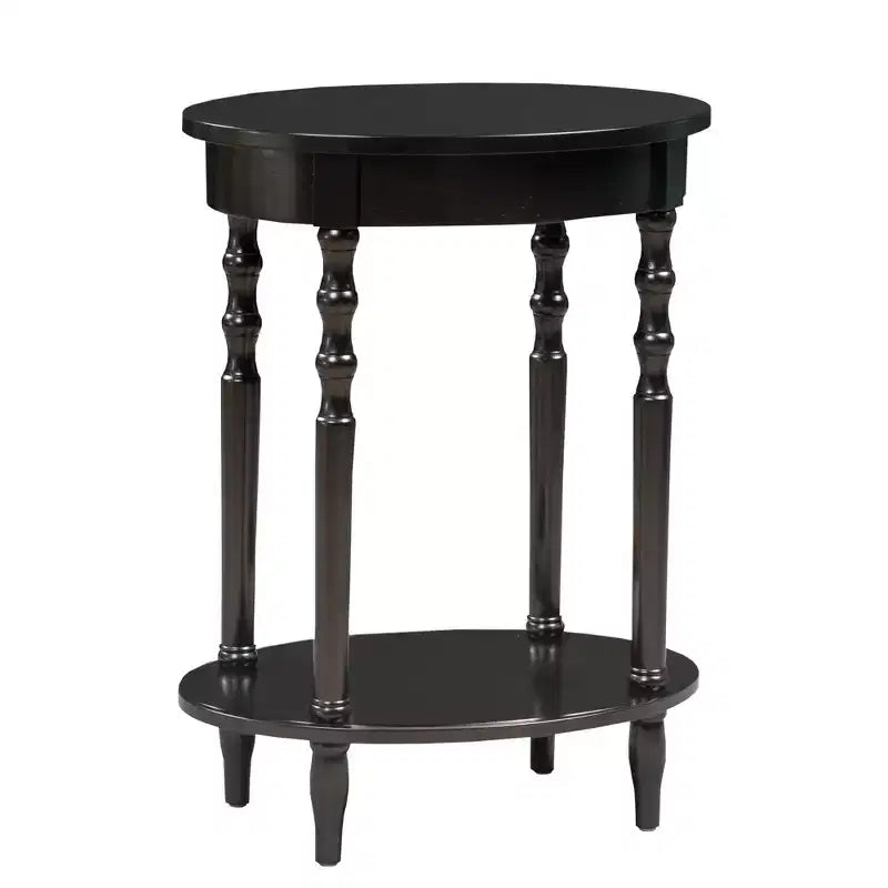 Table d'appoint ovale en bois massif avec étagère inférieure, pieds tournés, noir, 61 cm (H) x 51 cm (l)