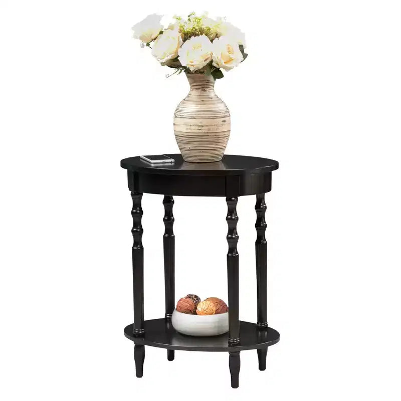 Table d'appoint ovale en bois massif avec étagère inférieure, pieds tournés, noir, 61 cm (H) x 51 cm (l)