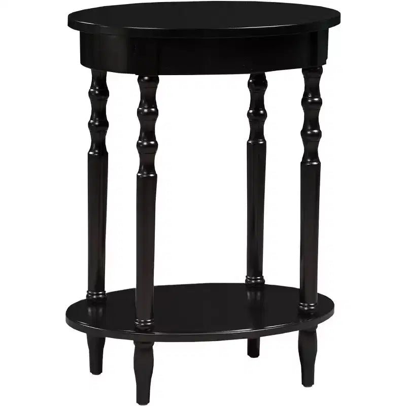 Table d'appoint ovale en bois massif avec étagère inférieure, pieds tournés, noir, 61 cm (H) x 51 cm (l)