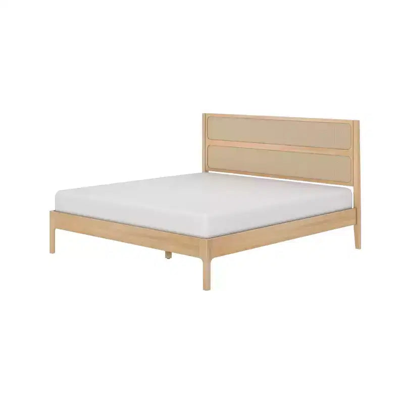 Rattan King Bed Frame with Headboard, Solid Pine Wood, No Box Spring Needed, 84L x 79W