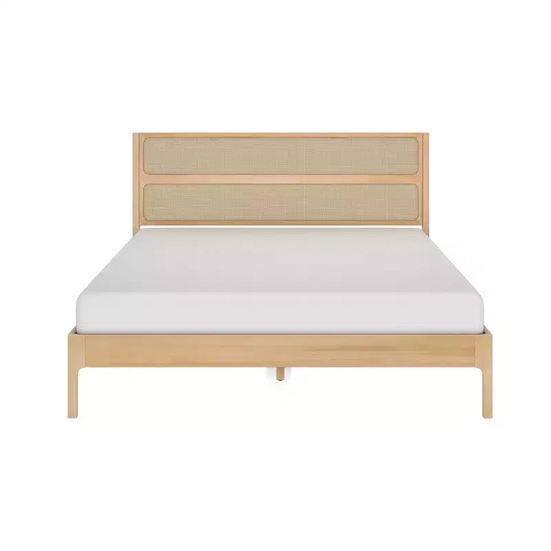 Rattan King Bed Frame with Headboard, Solid Pine Wood, No Box Spring Needed, 84L x 79W