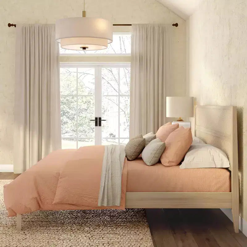 Rattan King Bed Frame with Headboard, Solid Pine Wood, No Box Spring Needed, 84L x 79W