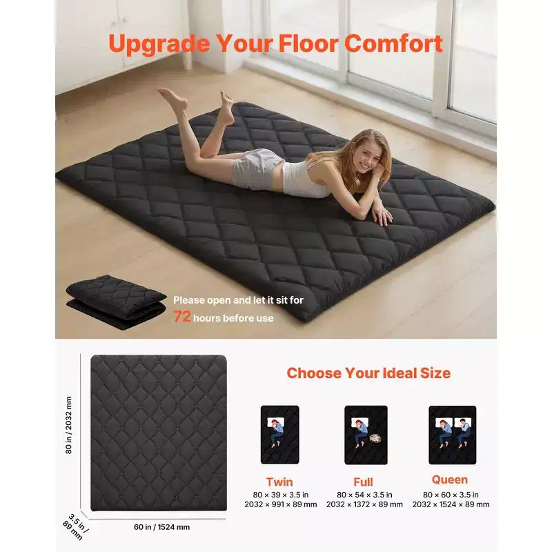 Japanese Tatami Foldable Floor Mattress Queen, 9-Layer Memory Foam, 80x60x3.5 in, Black