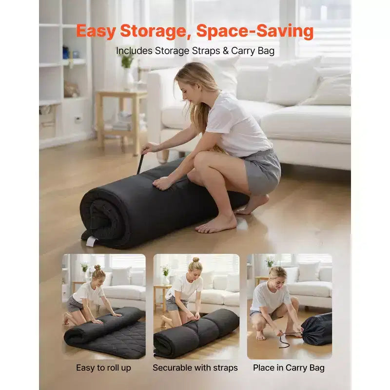 Matelas de sol pliable Tatami japonais Queen, mousse à mémoire de forme 9 couches, 80x60x3.5 po, noir