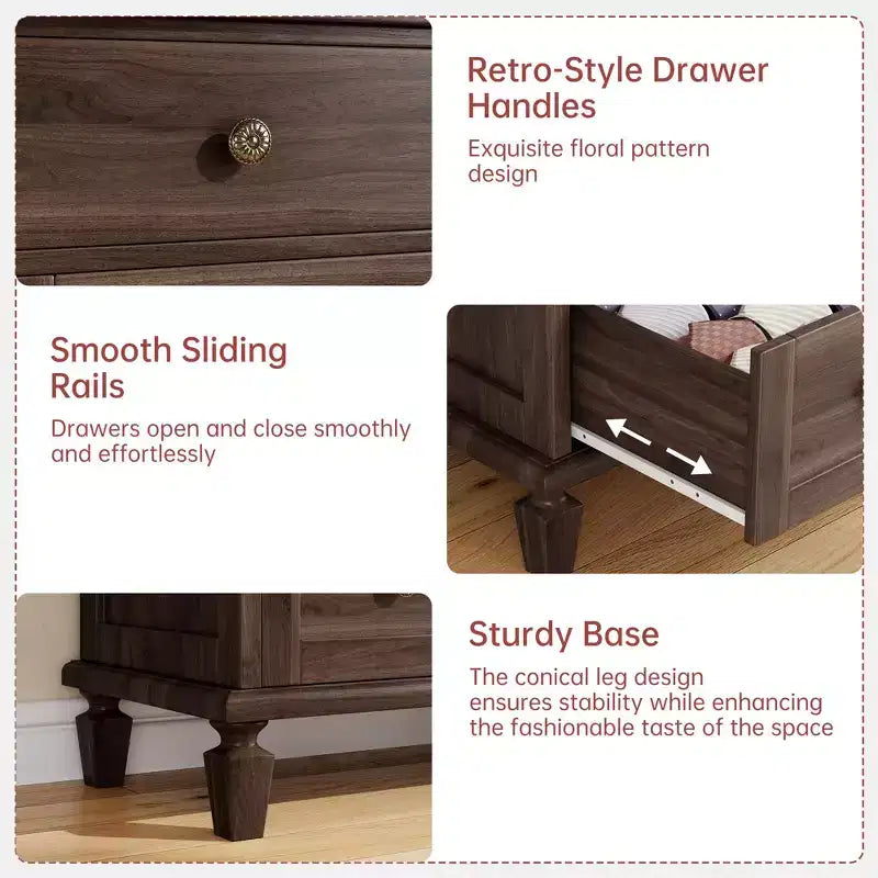Commode haute 47 avec poignées sculptées et pieds fuselés pour chambre à coucher