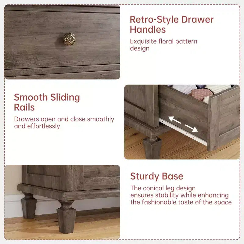 Commode haute 47 avec poignées sculptées et pieds fuselés pour chambre à coucher
