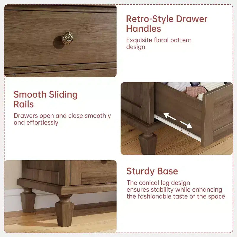 Commode haute 47 avec poignées sculptées et pieds fuselés pour chambre à coucher