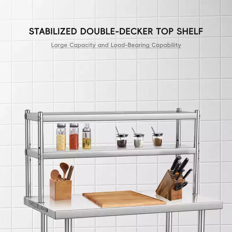 Adjustable Stainless Steel Work Table  Commercial-Grade, Overhead Shelves & Hooks, 6567 Height  Choose Size