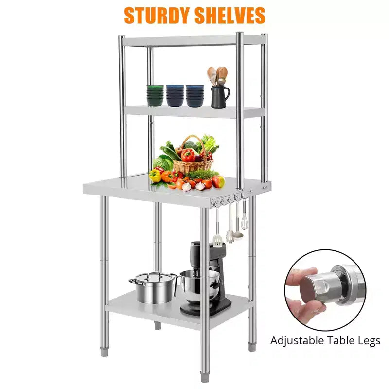 Adjustable Stainless Steel Work Table  Commercial-Grade, Overhead Shelves & Hooks, 6567 Height  Choose Size