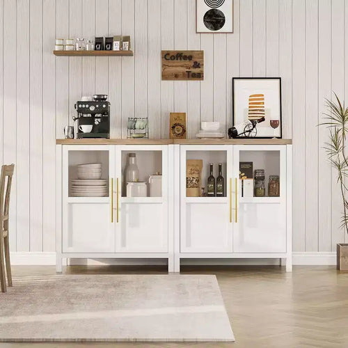 Buffet de rangement moderne de 74 cm de large avec portes vitrées Polyvalent pour la cuisine, le salon et la salle à manger - Blanc