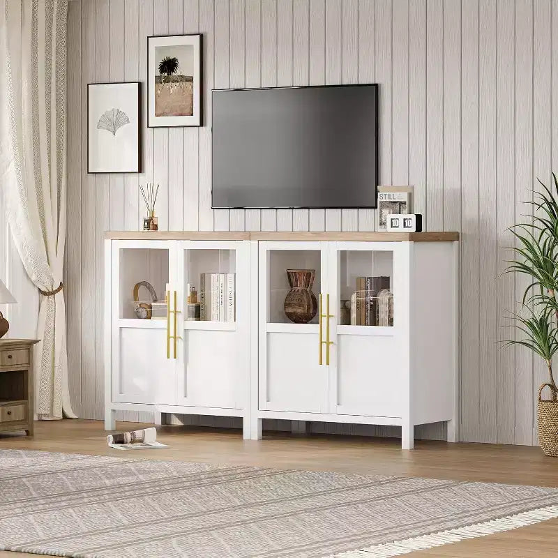 29 Wide Modern Storage Cabinet with Glass Doors  Versatile Buffet Sideboard for Kitchen, Living Room, and Dining Room - White
