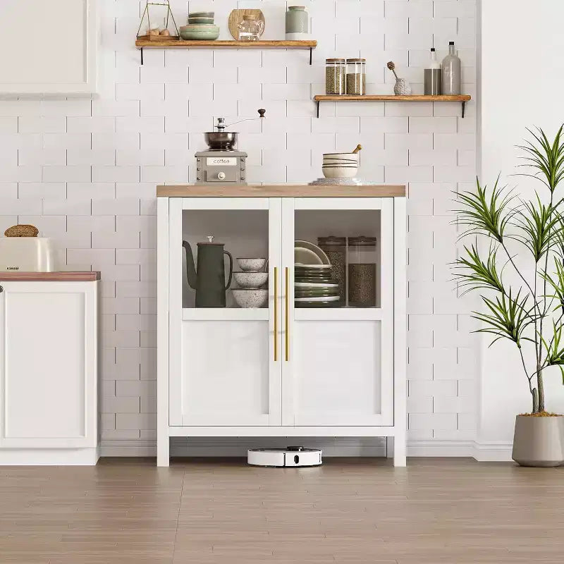 29 Wide Modern Storage Cabinet with Glass Doors  Versatile Buffet Sideboard for Kitchen, Living Room, and Dining Room - White