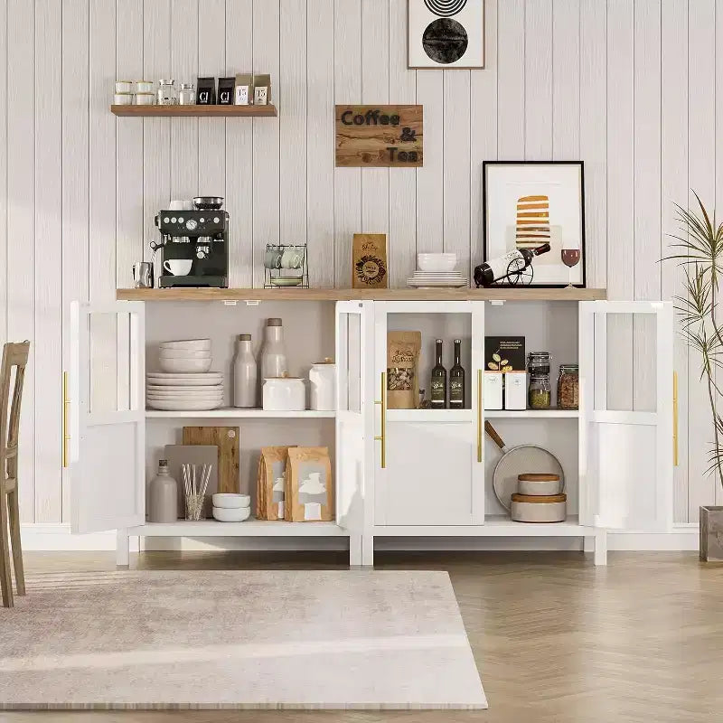 Buffet de rangement moderne de 74 cm de large avec portes vitrées Polyvalent pour la cuisine, le salon et la salle à manger - Blanc