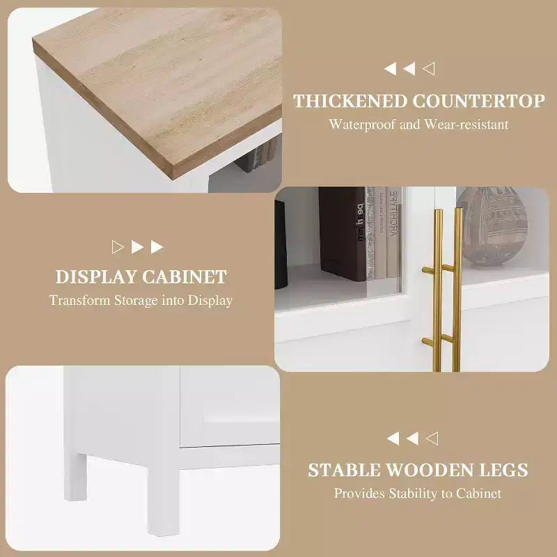 Buffet de rangement moderne de 74 cm de large avec portes vitrées Polyvalent pour la cuisine, le salon et la salle à manger - Blanc