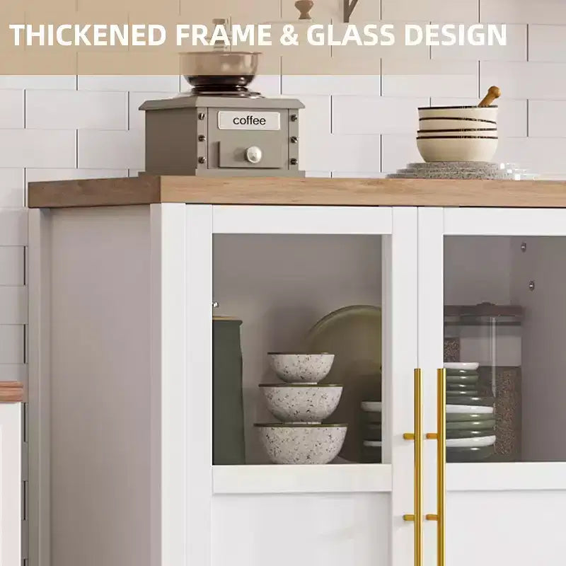 Buffet de rangement moderne de 74 cm de large avec portes vitrées Polyvalent pour la cuisine, le salon et la salle à manger - Blanc