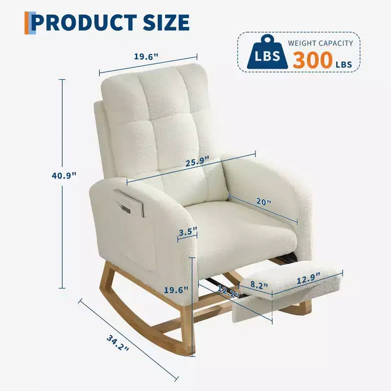 Fauteuil à bascule pour chambre d'enfant avec repose-pieds - Fauteuil à bascule rembourré à dossier haut, fauteuil d'appoint moderne avec poche latérale et pieds en bois pour chambre à coucher, salon