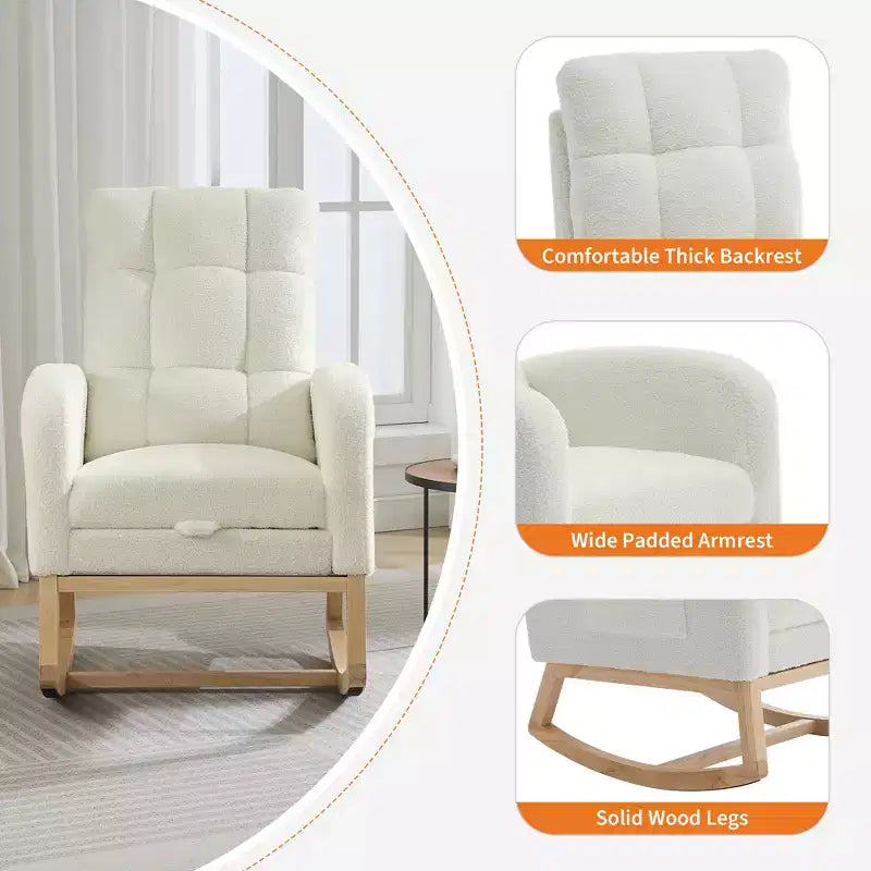 Fauteuil à bascule pour chambre d'enfant avec repose-pieds - Fauteuil à bascule rembourré à dossier haut, fauteuil d'appoint moderne avec poche latérale et pieds en bois pour chambre à coucher, salon