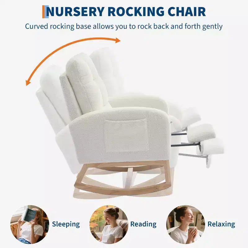 Fauteuil à bascule pour chambre d'enfant avec repose-pieds - Fauteuil à bascule rembourré à dossier haut, fauteuil d'appoint moderne avec poche latérale et pieds en bois pour chambre à coucher, salon