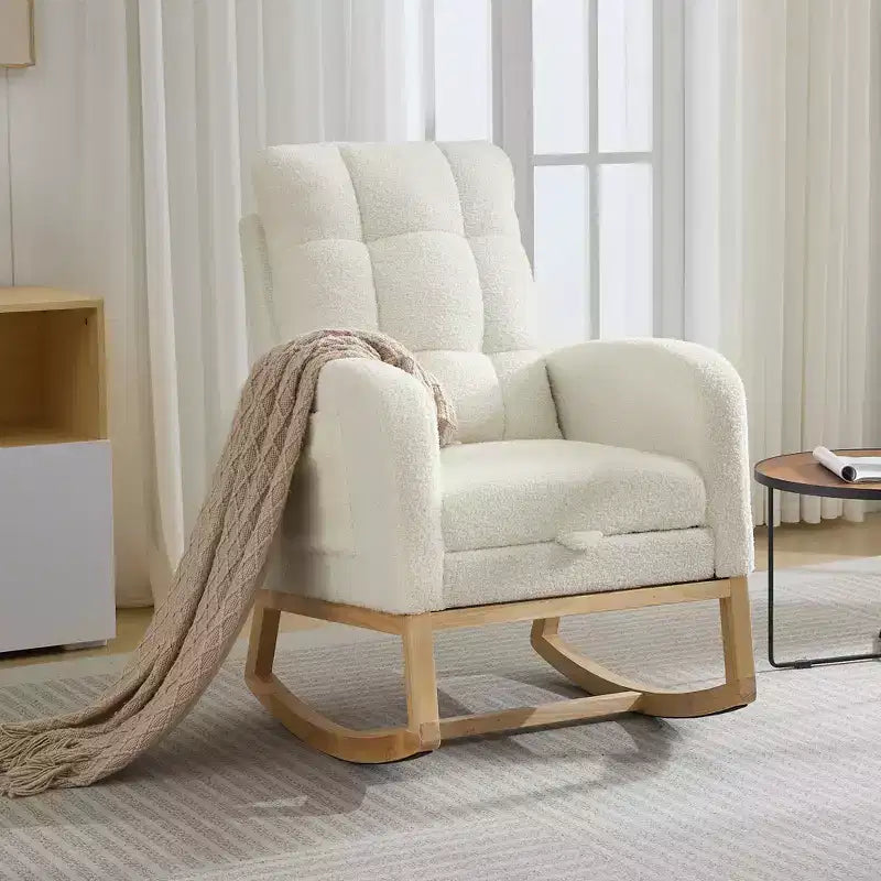 Fauteuil à bascule pour chambre d'enfant avec repose-pieds - Fauteuil à bascule rembourré à dossier haut, fauteuil d'appoint moderne avec poche latérale et pieds en bois pour chambre à coucher, salon