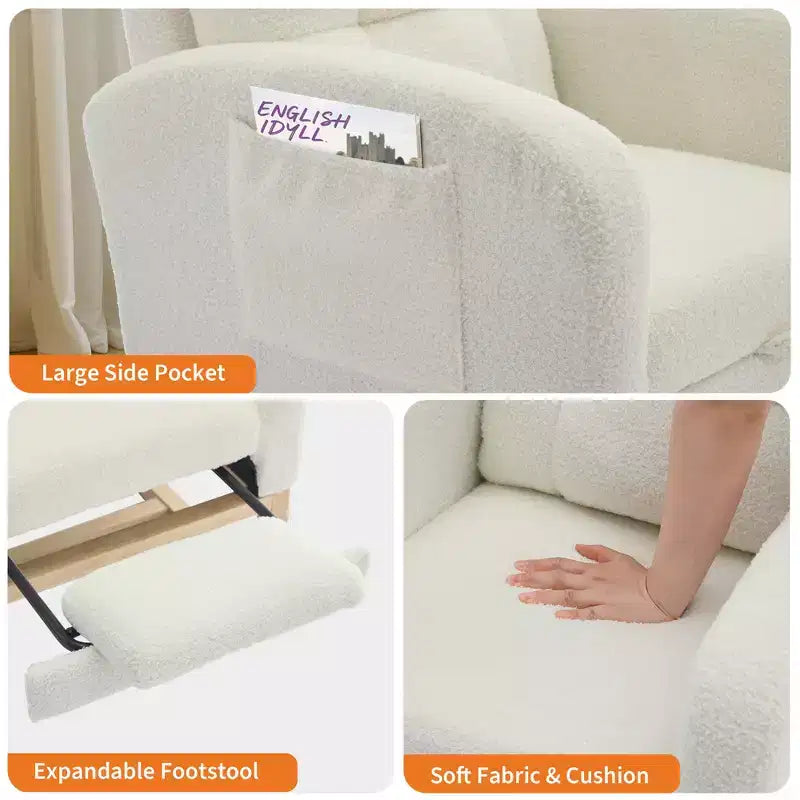 Fauteuil à bascule pour chambre d'enfant avec repose-pieds - Fauteuil à bascule rembourré à dossier haut, fauteuil d'appoint moderne avec poche latérale et pieds en bois pour chambre à coucher, salon