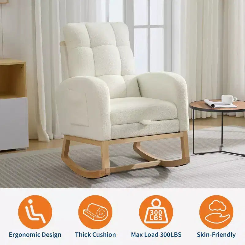 Fauteuil à bascule pour chambre d'enfant avec repose-pieds - Fauteuil à bascule rembourré à dossier haut, fauteuil d'appoint moderne avec poche latérale et pieds en bois pour chambre à coucher, salon