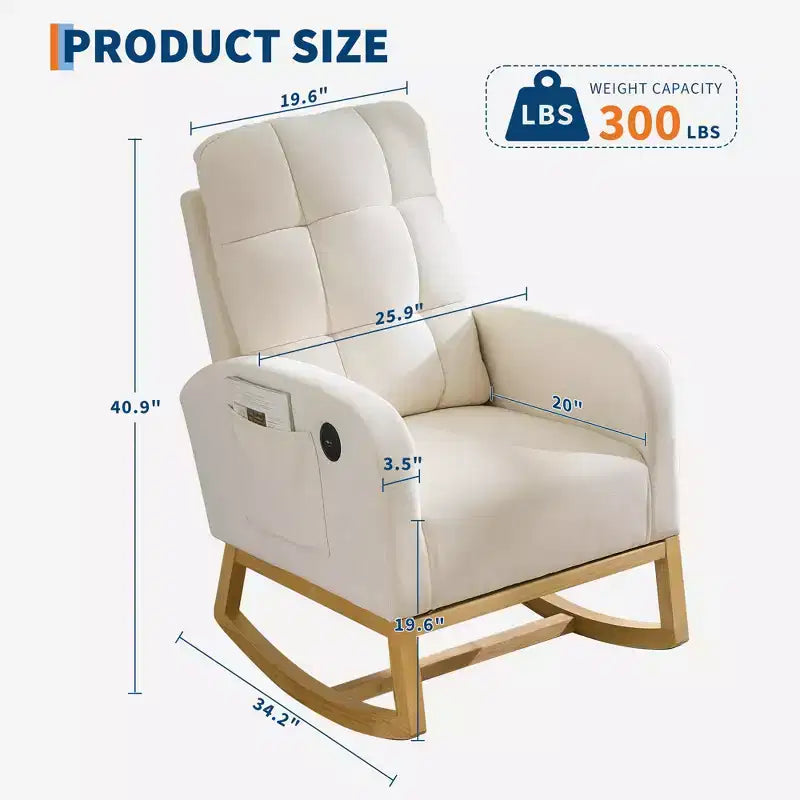 Fauteuil à bascule pour chambre d'enfant avec repose-pieds - Fauteuil à bascule rembourré à dossier haut, fauteuil d'appoint moderne avec poche latérale et pieds en bois pour chambre à coucher, salon