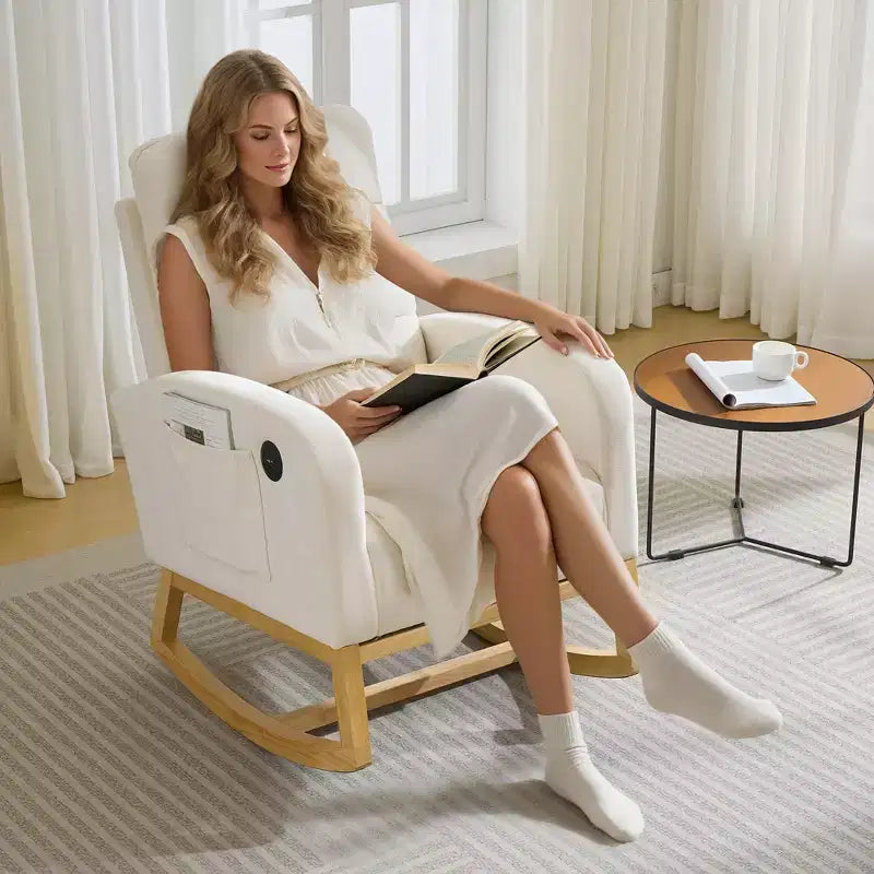 Nursery Rocking Chair with Footrest - Upholstered High Back Glider Rocker, Modern Accent Armchair with Side Pocket&Wood Legs for Bedroom, Living Room