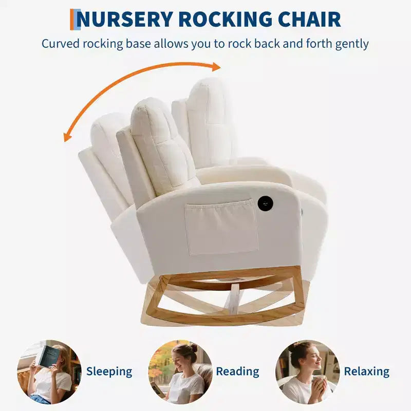 Fauteuil à bascule pour chambre d'enfant avec repose-pieds - Fauteuil à bascule rembourré à dossier haut, fauteuil d'appoint moderne avec poche latérale et pieds en bois pour chambre à coucher, salon