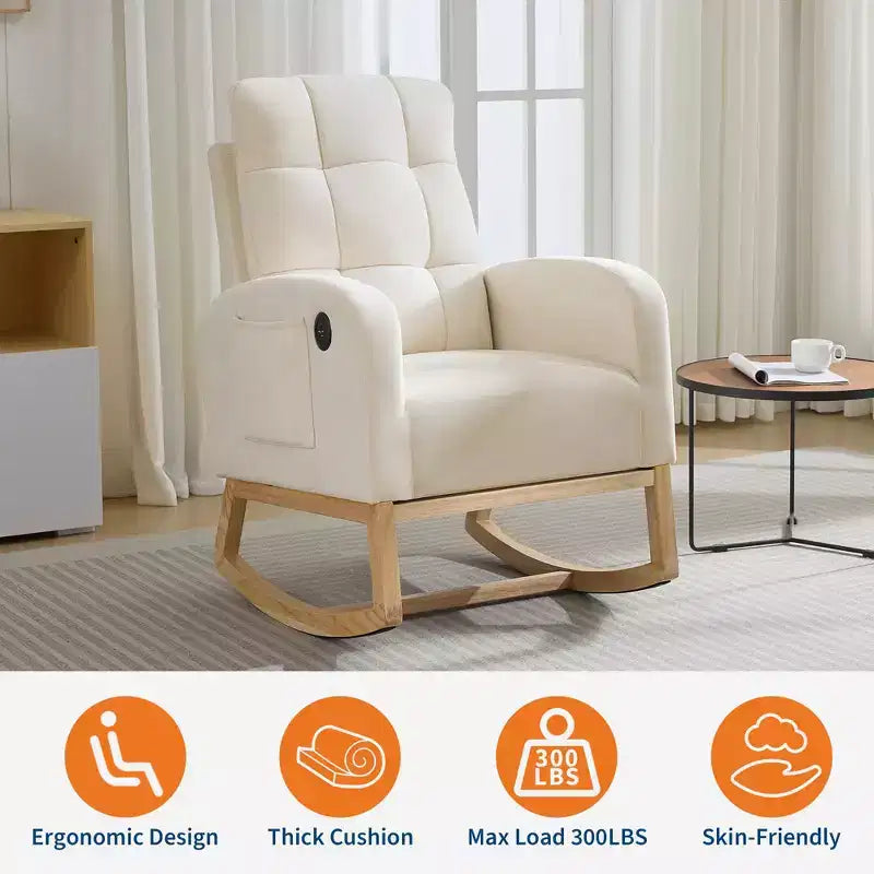 Fauteuil à bascule pour chambre d'enfant avec repose-pieds - Fauteuil à bascule rembourré à dossier haut, fauteuil d'appoint moderne avec poche latérale et pieds en bois pour chambre à coucher, salon