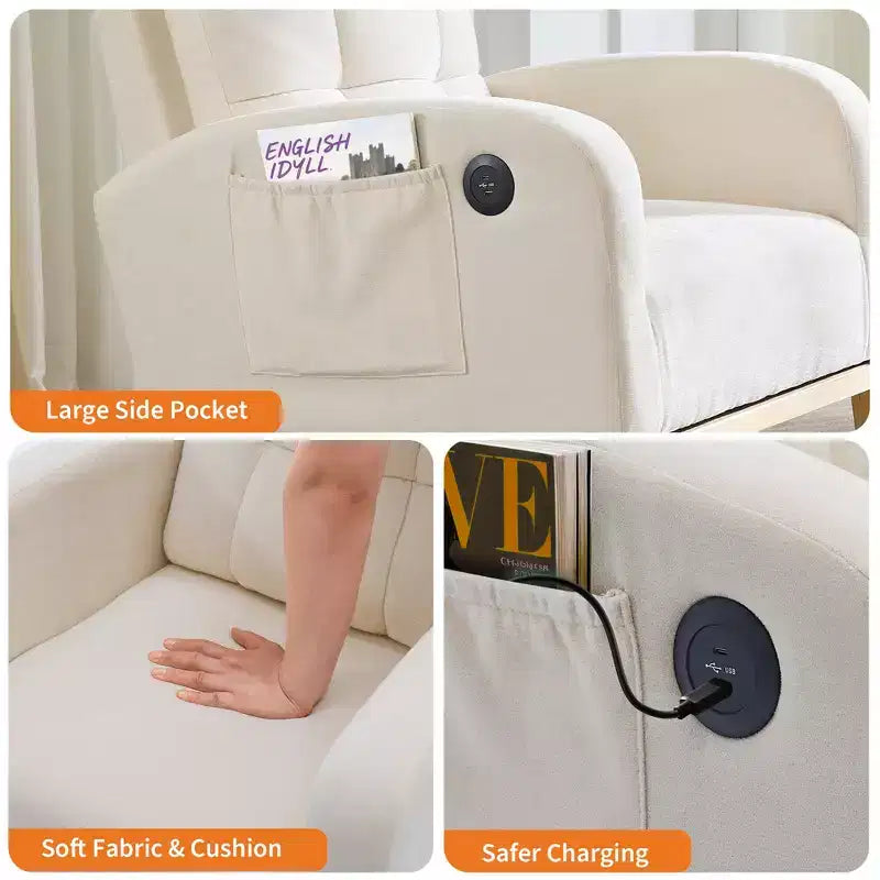 Fauteuil à bascule pour chambre d'enfant avec repose-pieds - Fauteuil à bascule rembourré à dossier haut, fauteuil d'appoint moderne avec poche latérale et pieds en bois pour chambre à coucher, salon