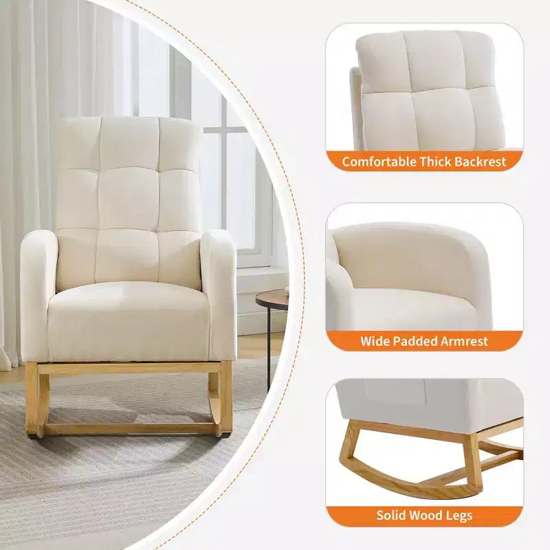 Fauteuil à bascule pour chambre d'enfant avec repose-pieds - Fauteuil à bascule rembourré à dossier haut, fauteuil d'appoint moderne avec poche latérale et pieds en bois pour chambre à coucher, salon