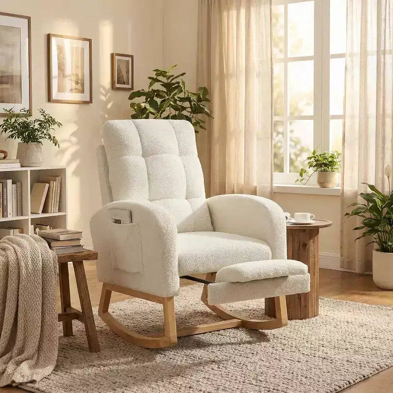 Nursery Rocking Chair with Footrest - Upholstered High Back Glider Rocker, Modern Accent Armchair with Side Pocket&Wood Legs for Bedroom, Living Room