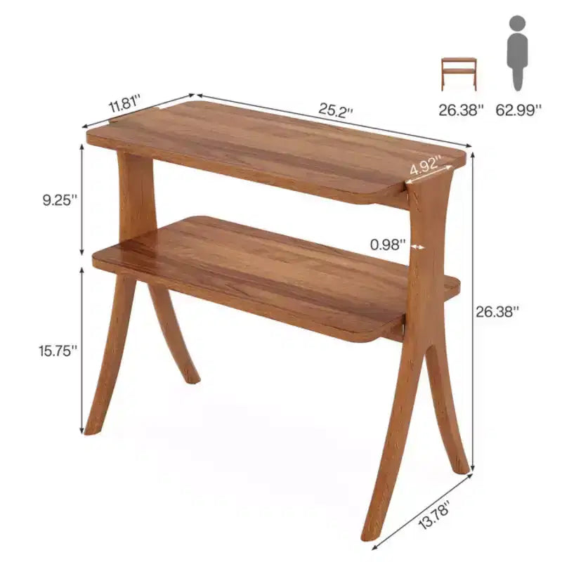 2-Tier Narrow Wood Side Table, Herringbone Legs, Walnut Finish, 26H x 25W x 12D