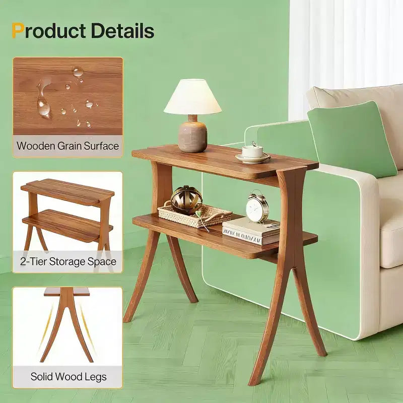 2-Tier Narrow Wood Side Table, Herringbone Legs, Walnut Finish, 26H x 25W x 12D