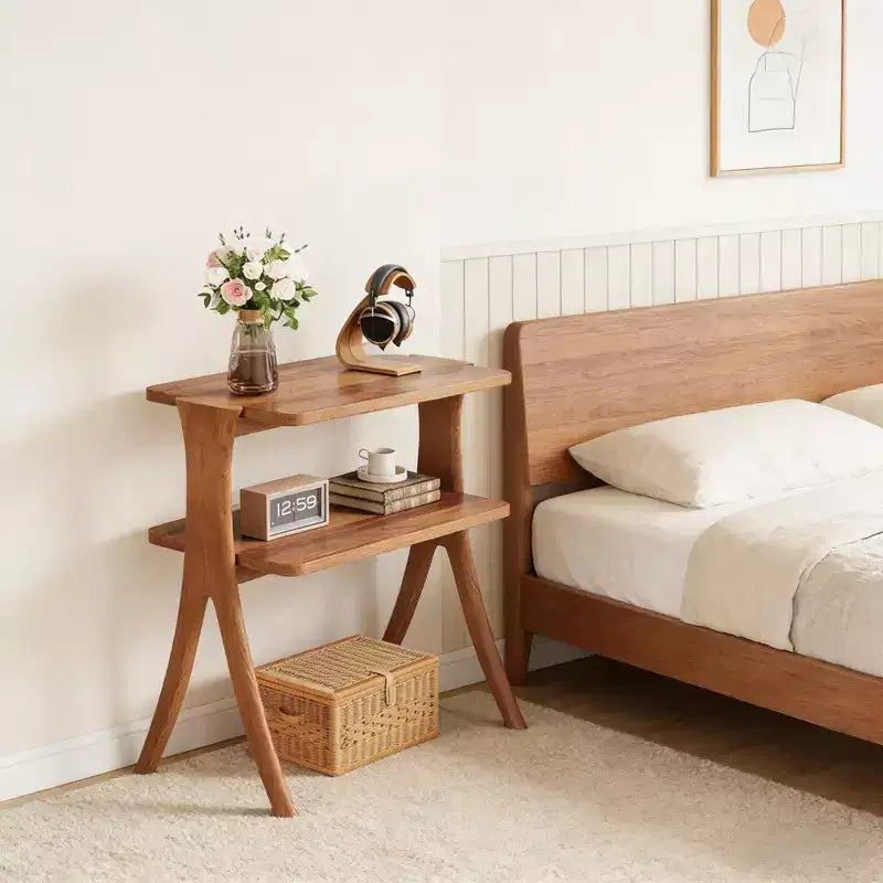 2-Tier Narrow Wood Side Table, Herringbone Legs, Walnut Finish, 26H x 25W x 12D