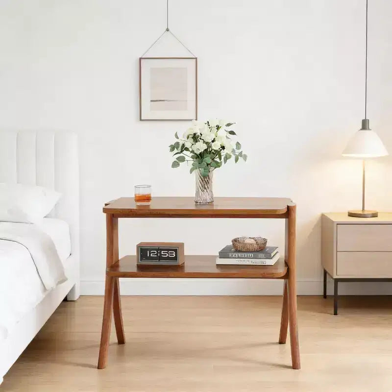 2-Tier Narrow Wood Side Table, Herringbone Legs, Walnut Finish, 26H x 25W x 12D