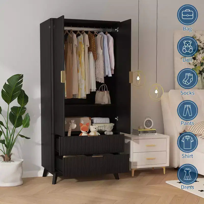 Wood Wardrobe Closet, 71 Wood Bedroom Armoire with 2 Doors, 1 Adjustable Shelf and 2 Drawers, Wardrobe Cabinet with Hanging Rod for Bedroom