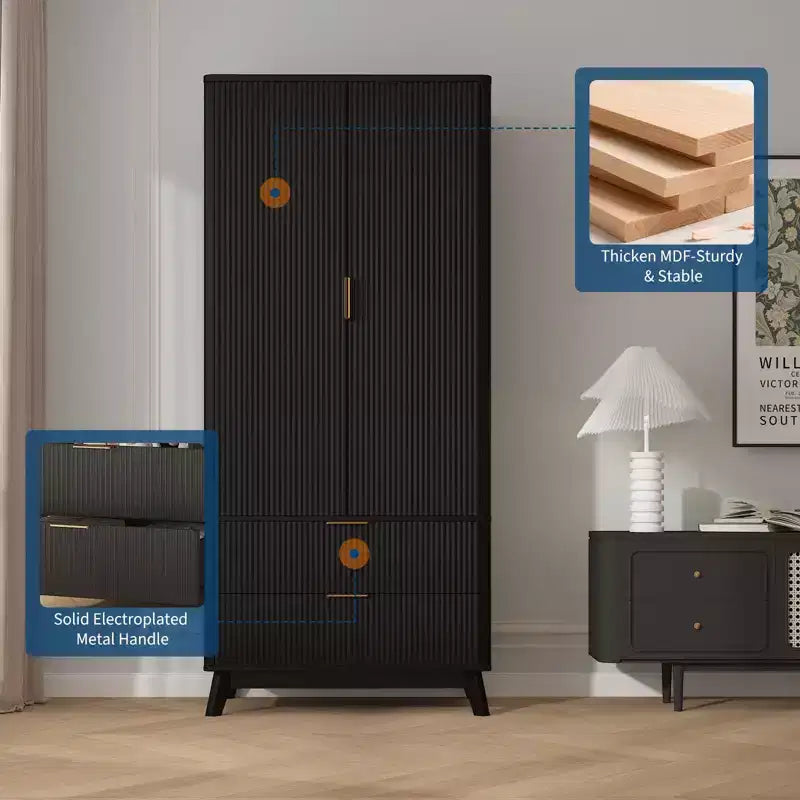 Armoire de chambre en bois, 71 pouces, avec 2 portes, 1 étagère réglable et 2 tiroirs, avec tringle de suspension pour chambre à coucher