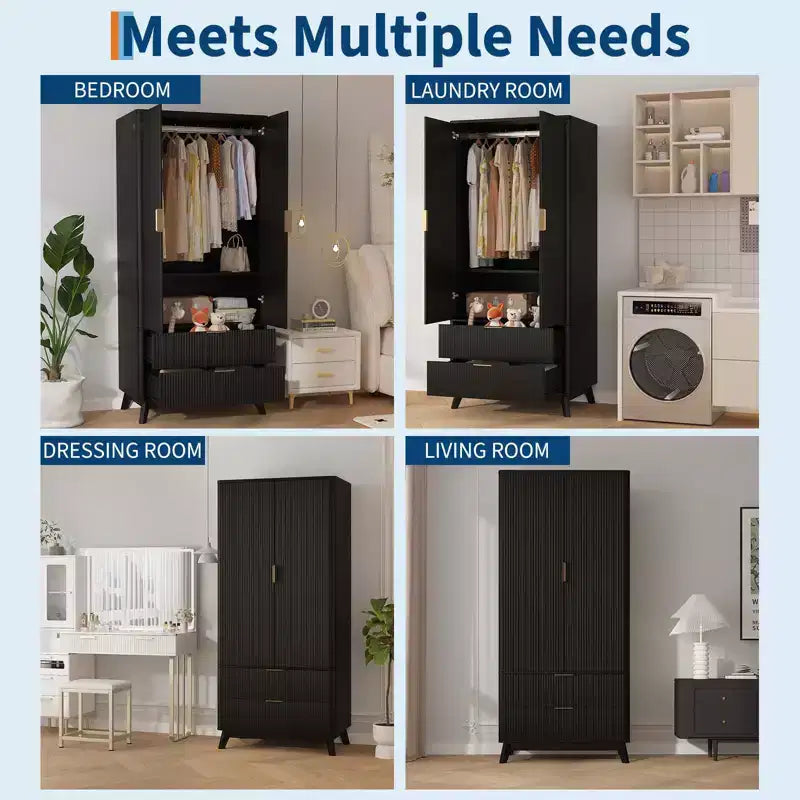 Wood Wardrobe Closet, 71 Wood Bedroom Armoire with 2 Doors, 1 Adjustable Shelf and 2 Drawers, Wardrobe Cabinet with Hanging Rod for Bedroom