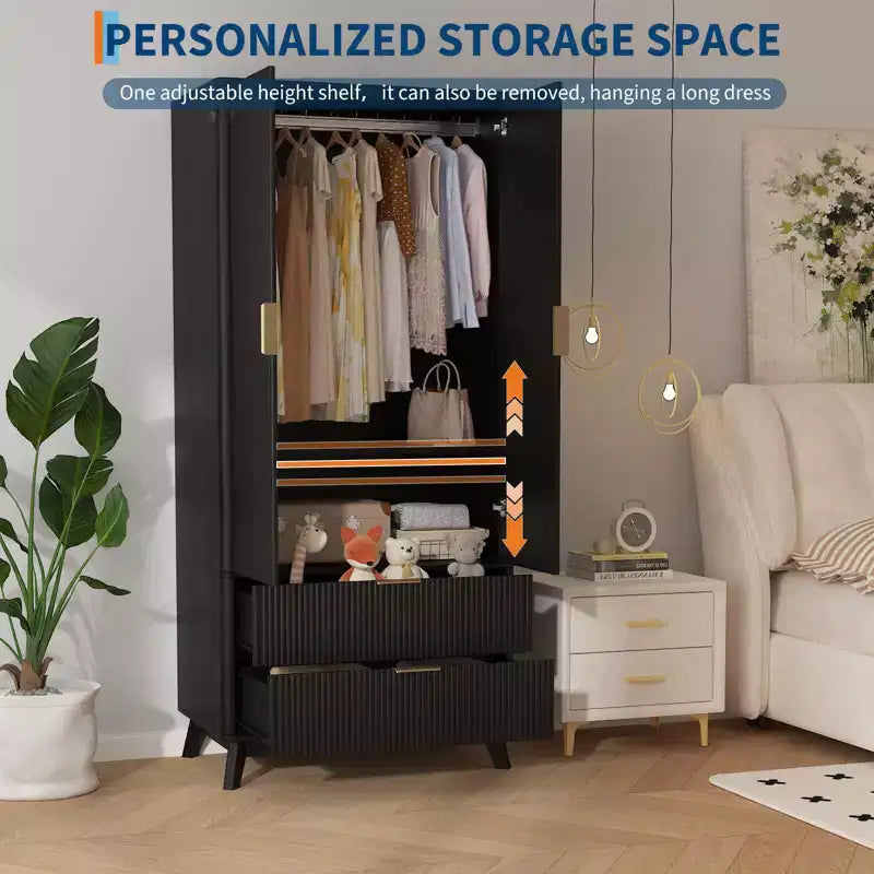 Armoire de chambre en bois, 71 pouces, avec 2 portes, 1 étagère réglable et 2 tiroirs, avec tringle de suspension pour chambre à coucher