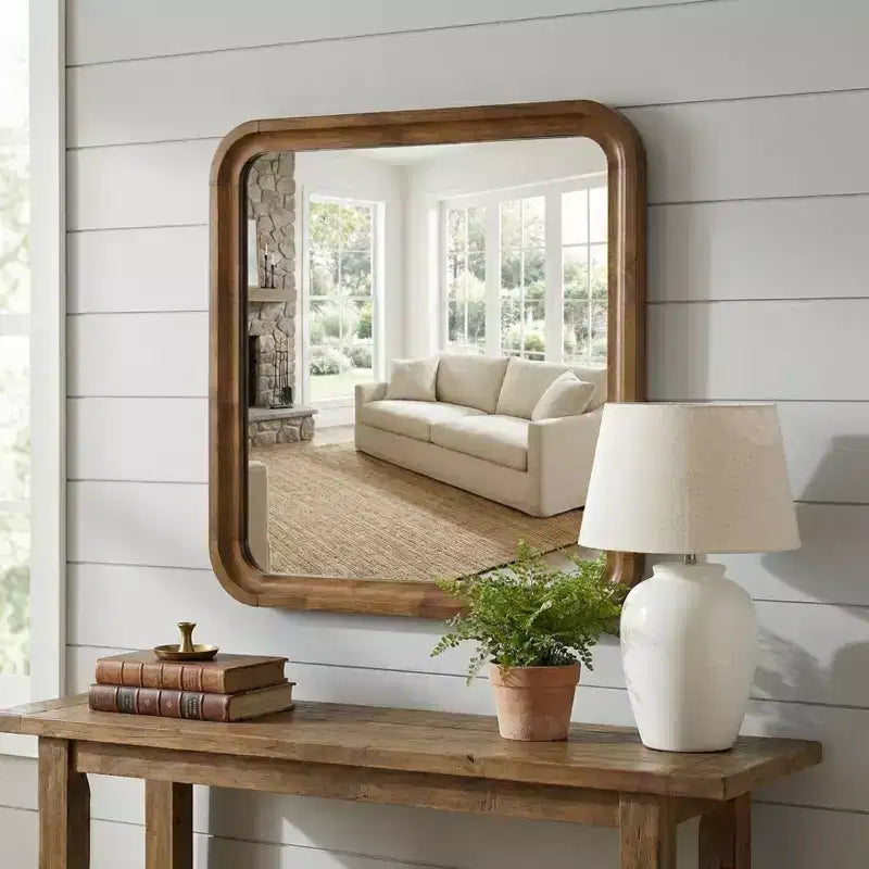 Miroir mural carré en bois, finition noyer, 80 x 80 cm, décoration de chambre