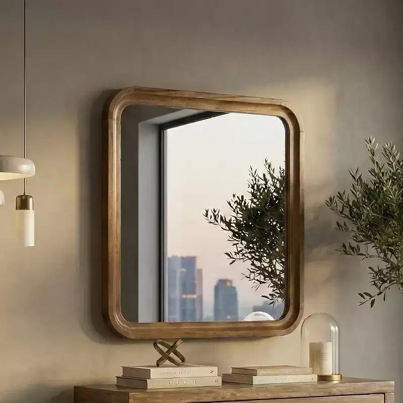 Miroir mural carré en bois, finition noyer, 80 x 80 cm, décoration de chambre