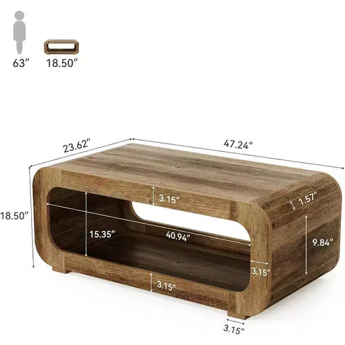 Table basse de ferme de 47 pouces, 2 niveaux de rangement ouverts, design incurvé, marron rustique