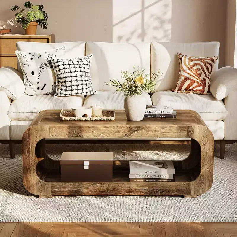 47 Inch Farmhouse Coffee Table, 2-Tier Open Storage, Curved Design, Rustic Brown