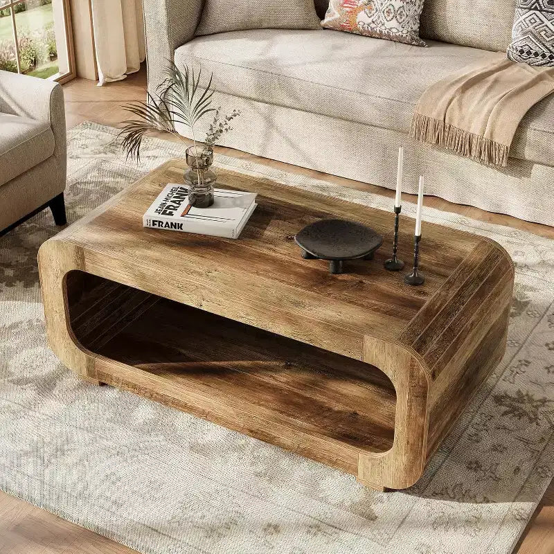 Table basse de ferme de 47 pouces, 2 niveaux de rangement ouverts, design incurvé, marron rustique