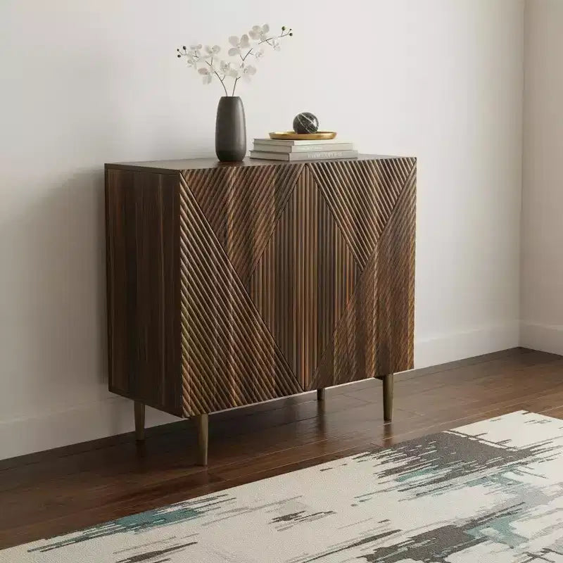 Bahut géométrique sculpté en bois avec 2 portes et tiroir, Noyer brun, 79L x 79H