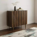 Bahut géométrique sculpté en bois avec 2 portes et tiroir, Noyer brun, 79L x 79H